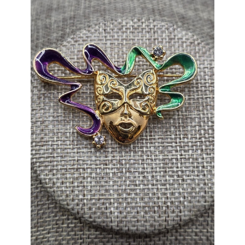Mardi Gras masquerade mask brooch featuring gold-toned Metal, Purplr&Green Ribbo